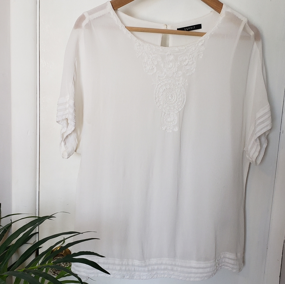 Esprit/Semi Sheer White Blouse Front Embroidery